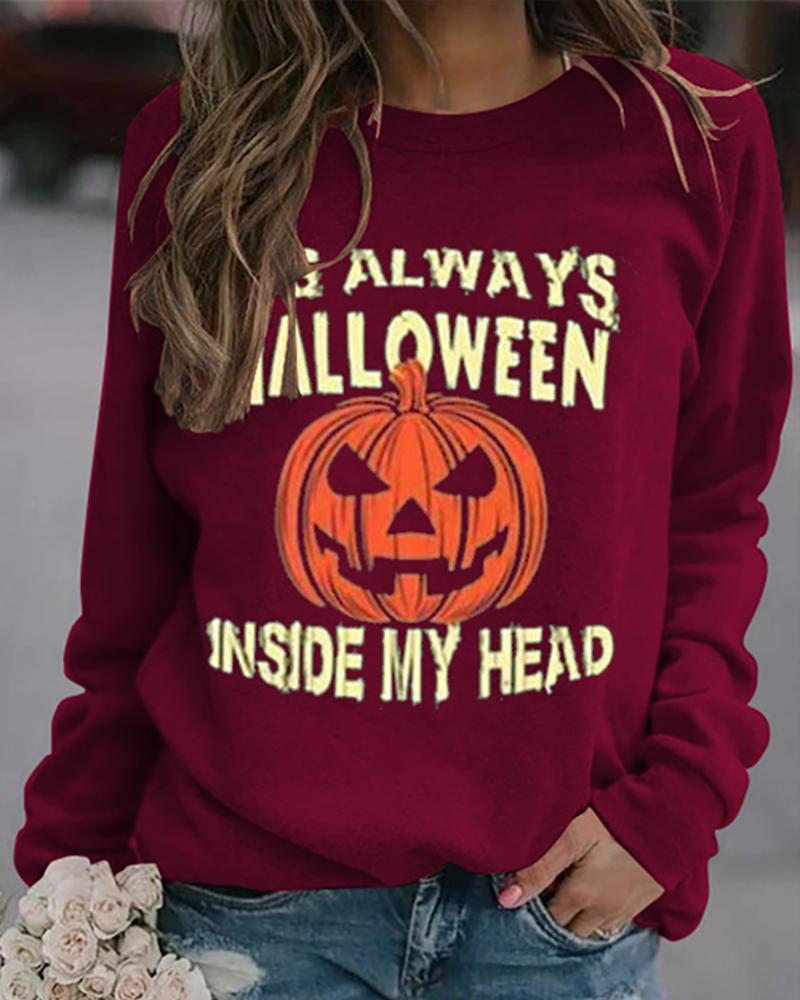 

Halloween Letter Pumpkin Print Casual Sweatshirt, Wine red