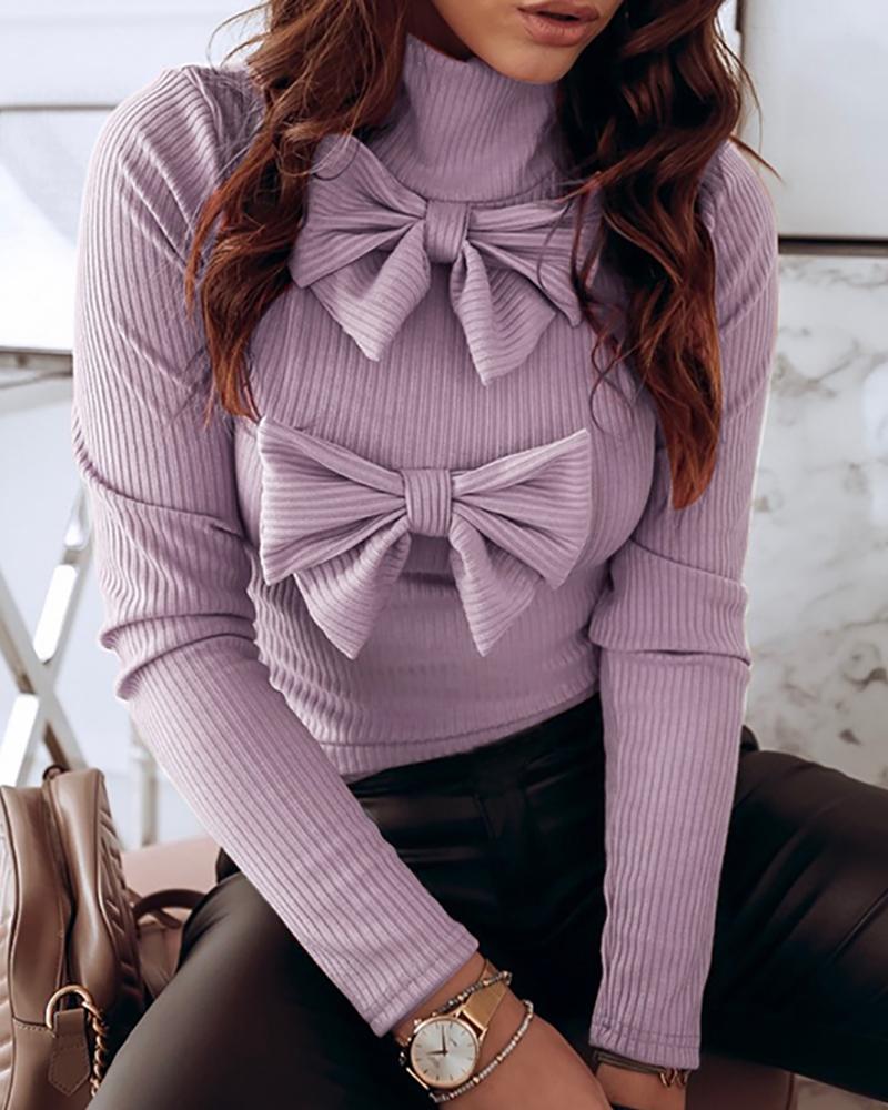 

Solid Bowknot Ribbed Casual Blouse, Purple