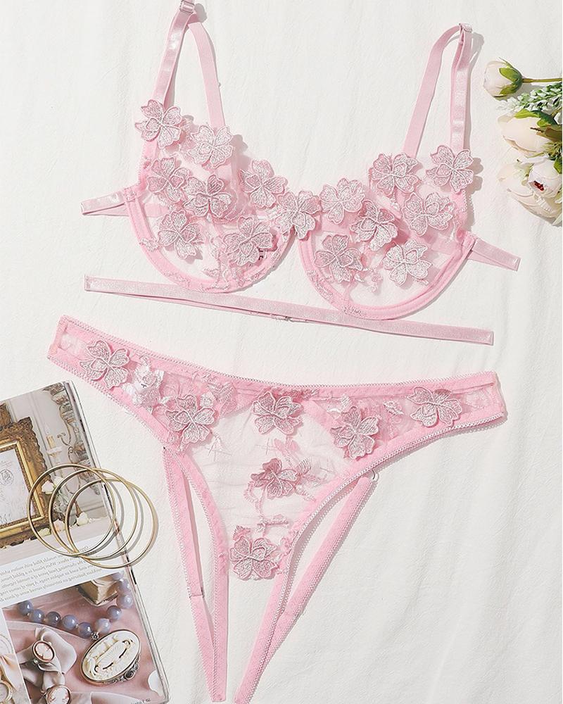 

See-through Splicing Butterfly Flower Embroidery Sling Bra Sets, Pink