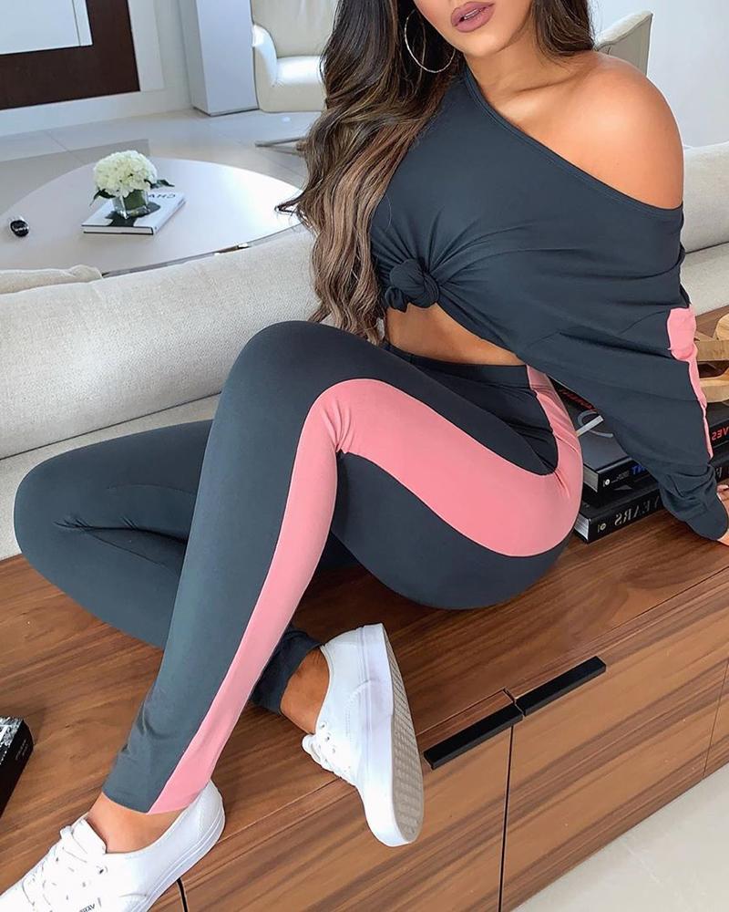 

Colorblock Long Sleeve Top & Pants Set, Gray