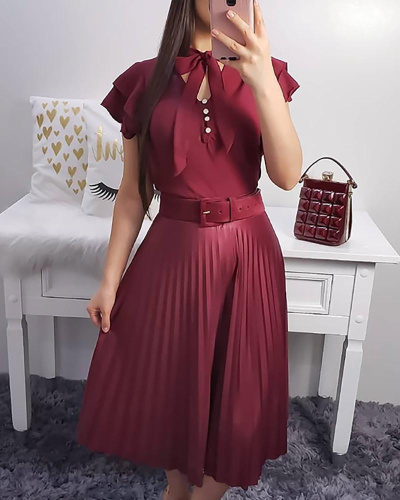 

Flutter Sleeve Tie Neck Pleated Dress With Belt, Wine red