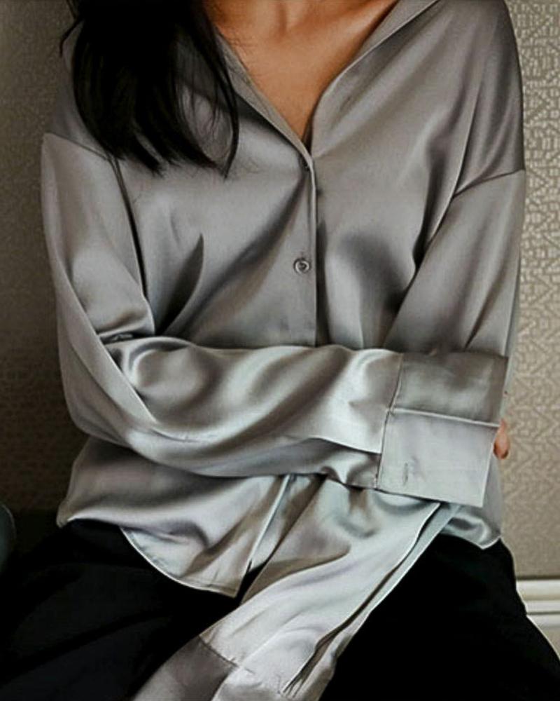 

Solid Satin Button Up Shirt, Gray