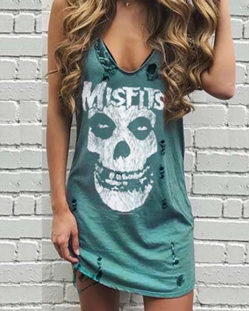 

V-neck Sleeveless Print Cut Out T-shirt, Green