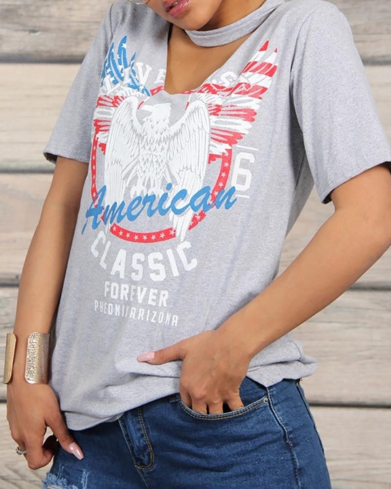 

Print Short Sleeve Cut Out T-shirt, Gray