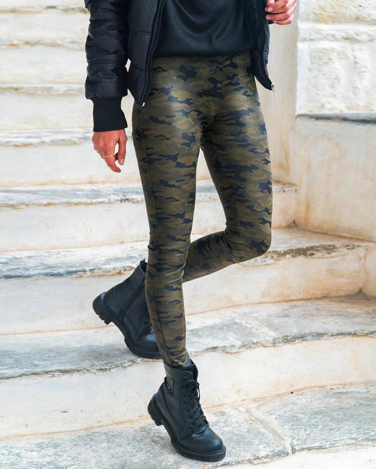 

High Waist Camo Casual Pants, Army green