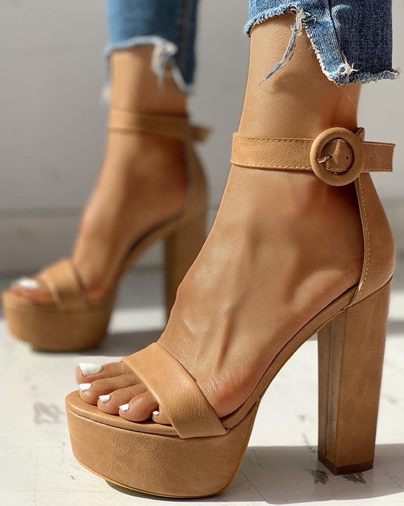 

Solid Ankle-Buckled Platform Chunky Heeled Sandals, Khaki