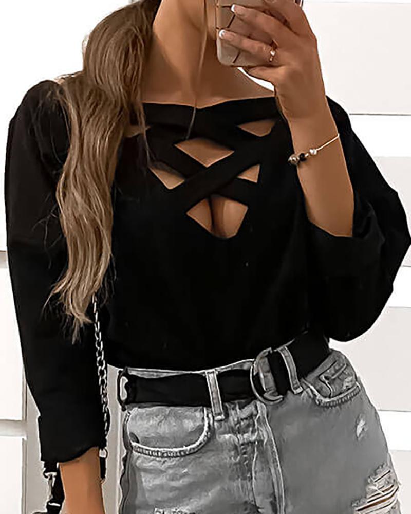 

Long Sleeve Solid Cutout Blouse, Black