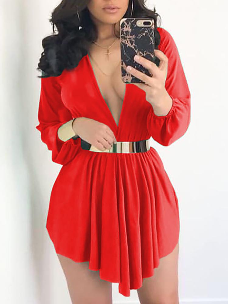 

Asymmetrical Pleated Drawstring Waist Plunge Dress, Red