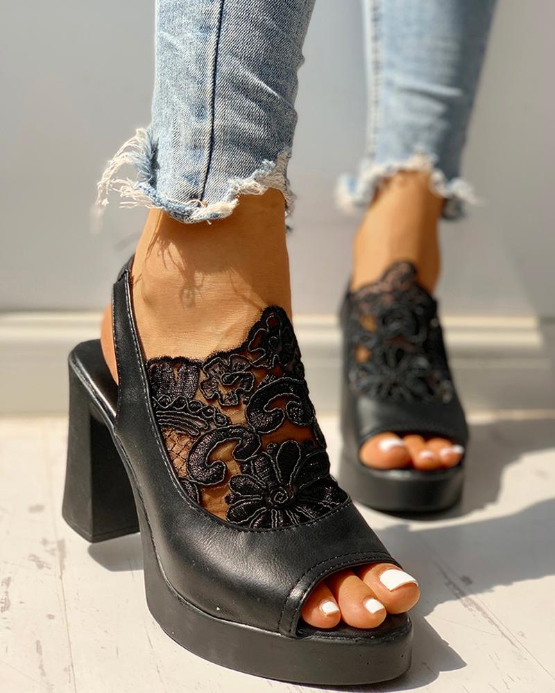 

Peep Toe Patchwork Mesh Platform Chunky Heeled Sandals, Black