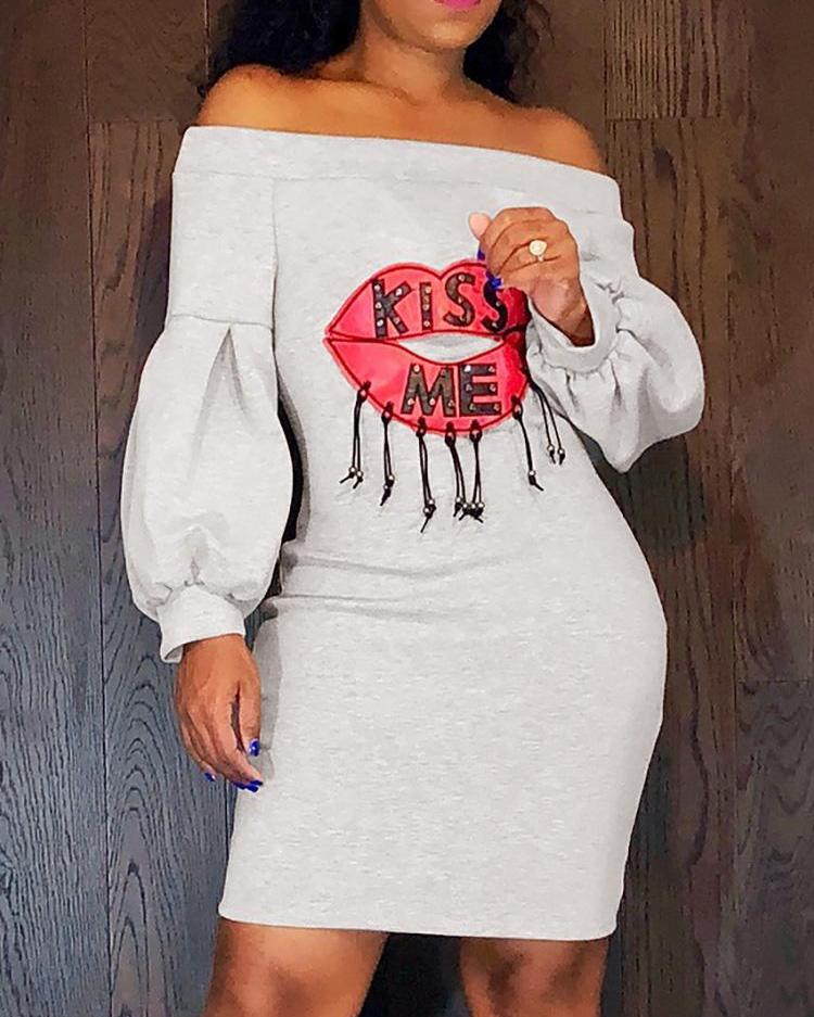 

Kiss Me Lip Pattern Off Shoulder Dress, White