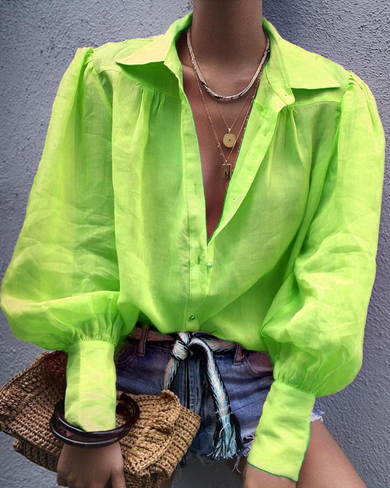 

Solid Lantern Sleeve Casual Shirt