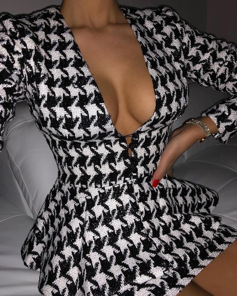 

Deep V Houndstooth Print Two-Piece Dress, Black