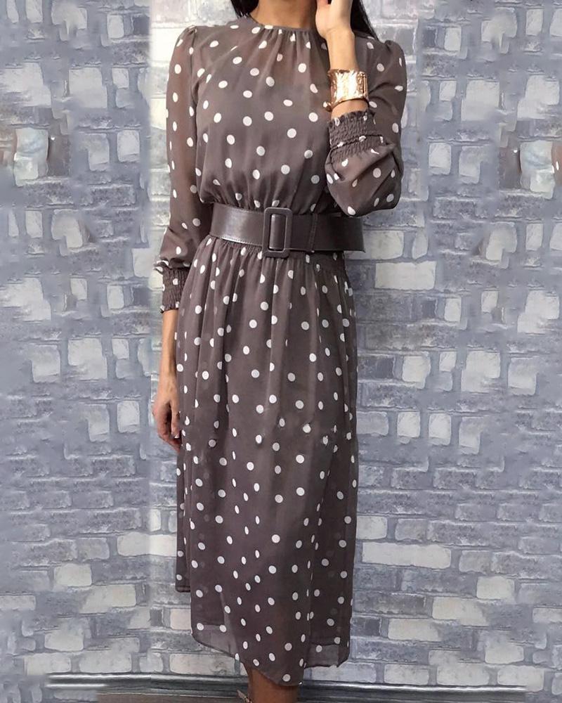 

Dot Print Shirring Cuff Casual Dress, Gray