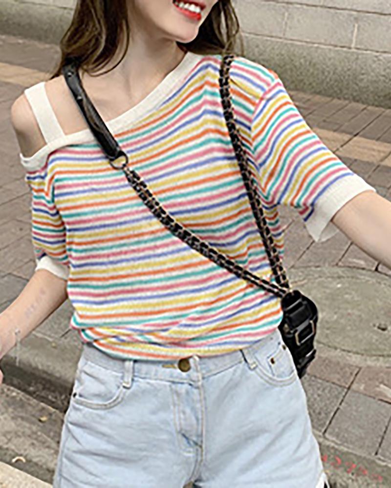 

Striped One Shoulder Short Sleeve T-shirt, Multicolor