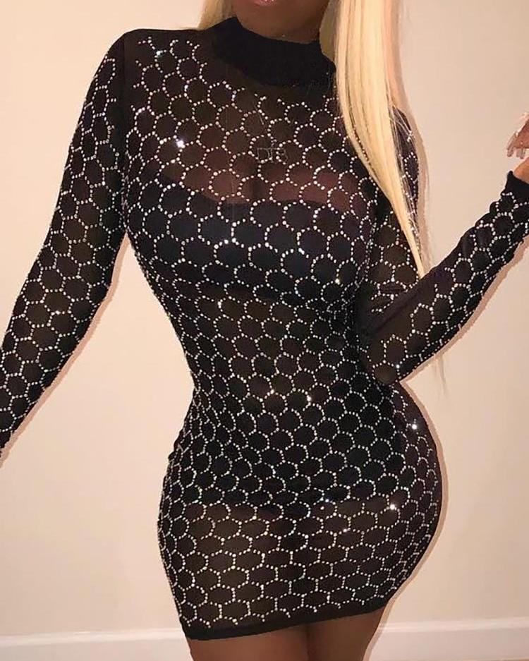 

Geometric Hot Stamping See Through Bodycon Dress, Black