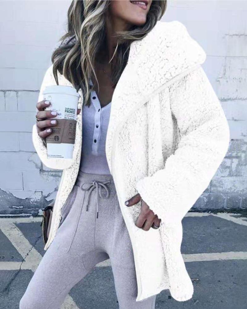 

Waterfall Collar Long Sleeve Casual Fluffy Coat, White