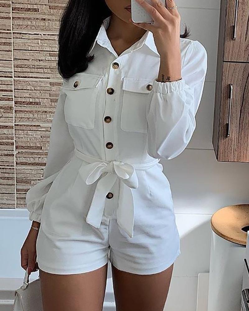 

Solid Buttoned Pocket Design Knotted Cargo Romper, White