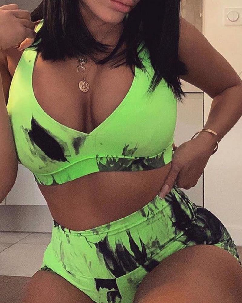 

Tie Dye Print Sleeveless Crop Top & Shorts Set, Green