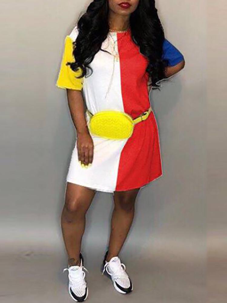 

Colorblock Short Sleeve Casual T-shirt Dress, Red