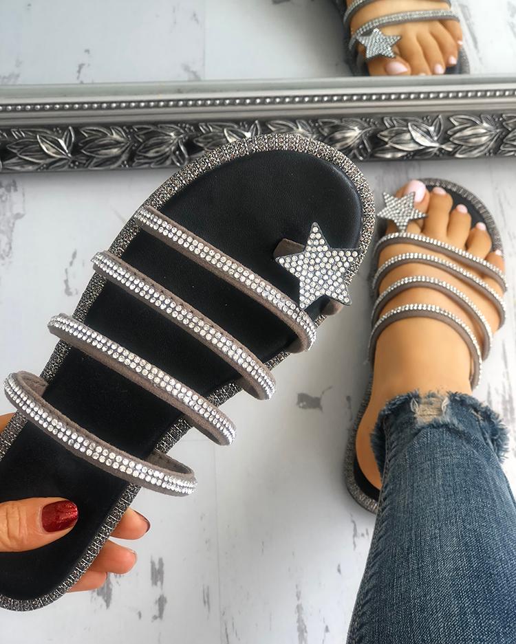 

Shiny Star Multi-strap Non-Slip Flat Sandals, Khaki