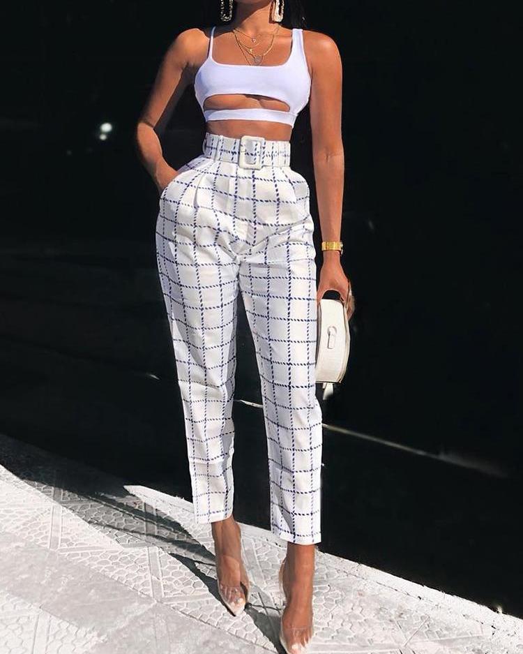 

Grid High Waist Casual Pants With Belt