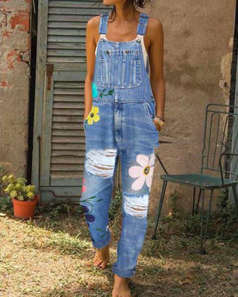 

Ripped Knee Denim Overall Jumpsuit, Light blue