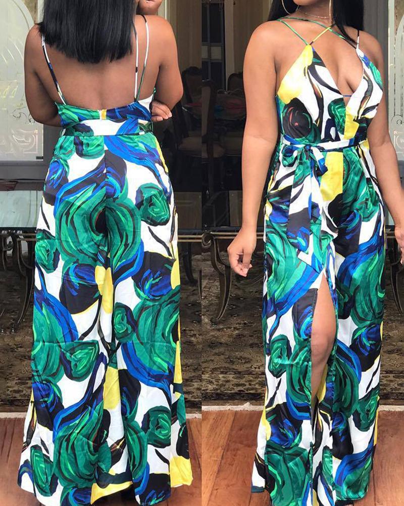 

Plant Print Backless Slit Wide Leg Jumpsuit, Multicolor