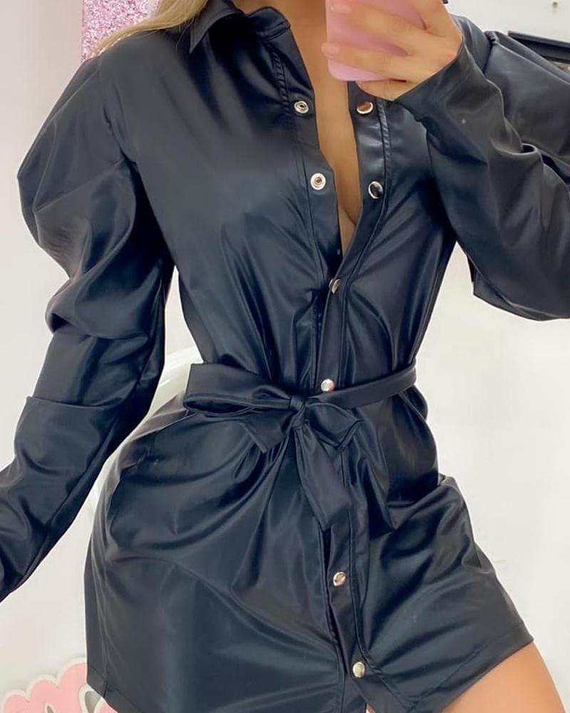 

Gigot Sleeve Buttoned Shirt Dress, Black