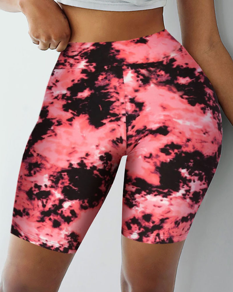 

Tie Dye Print High-Rise Biker Shorts, Red