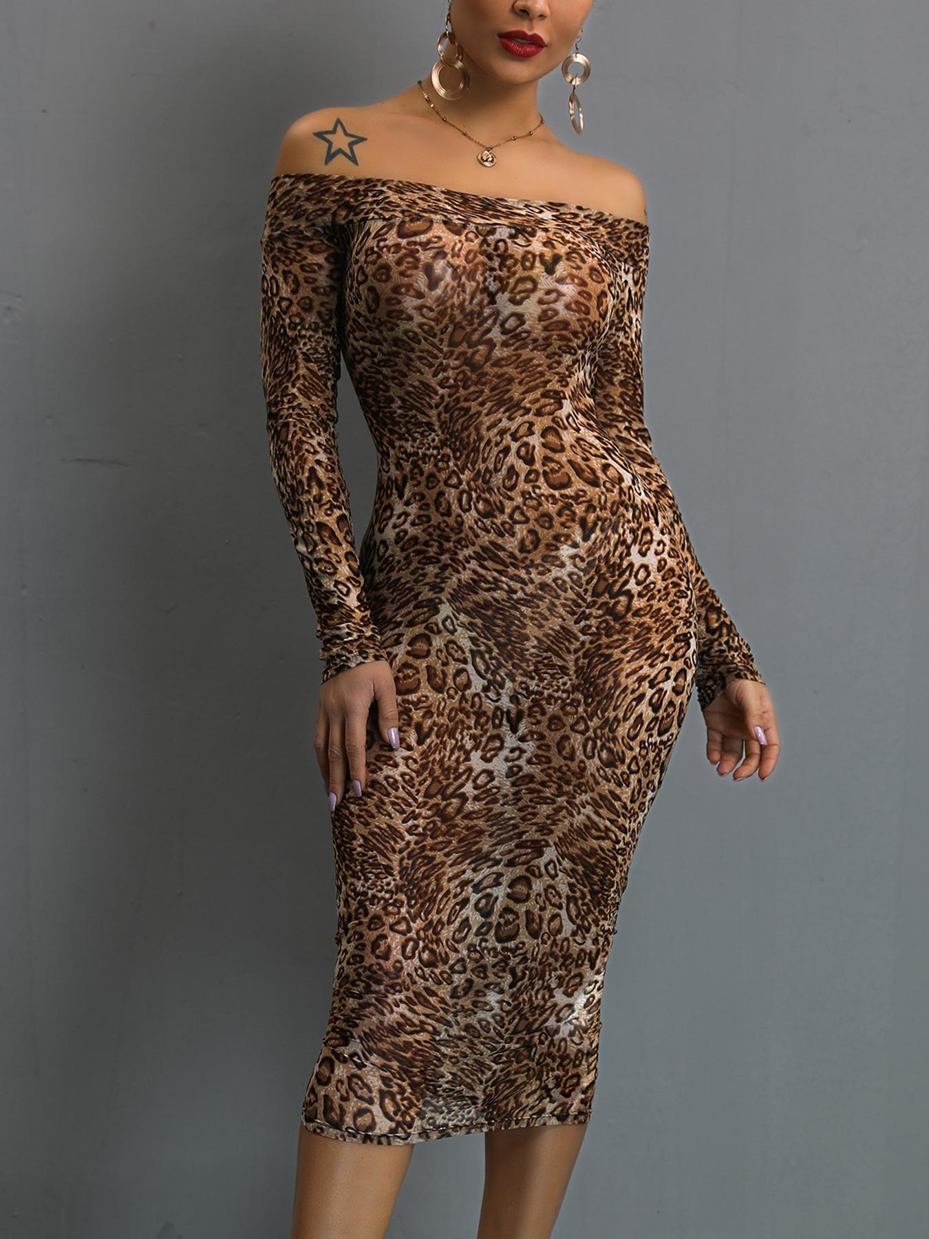 

Leopard Print Off Shoulder Long Sleeve Dress