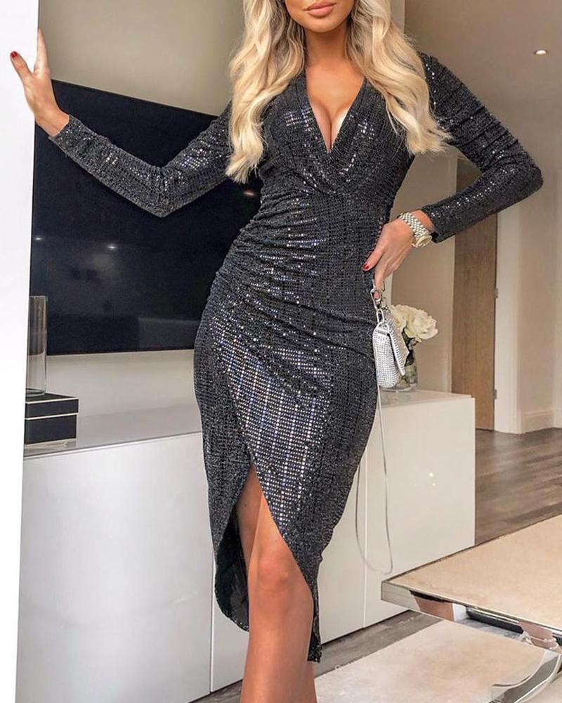 

Deep V Sequined Asymmetric Dress, Black