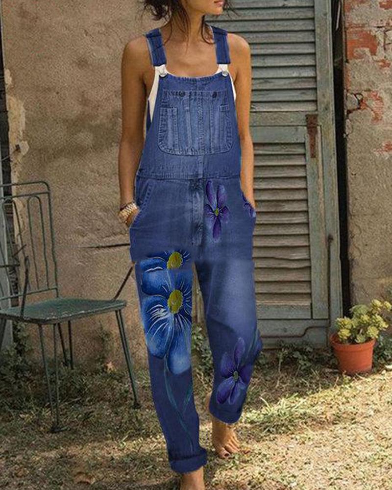 

Floral Side Pocket Overall Jumpsuit, Dark blue