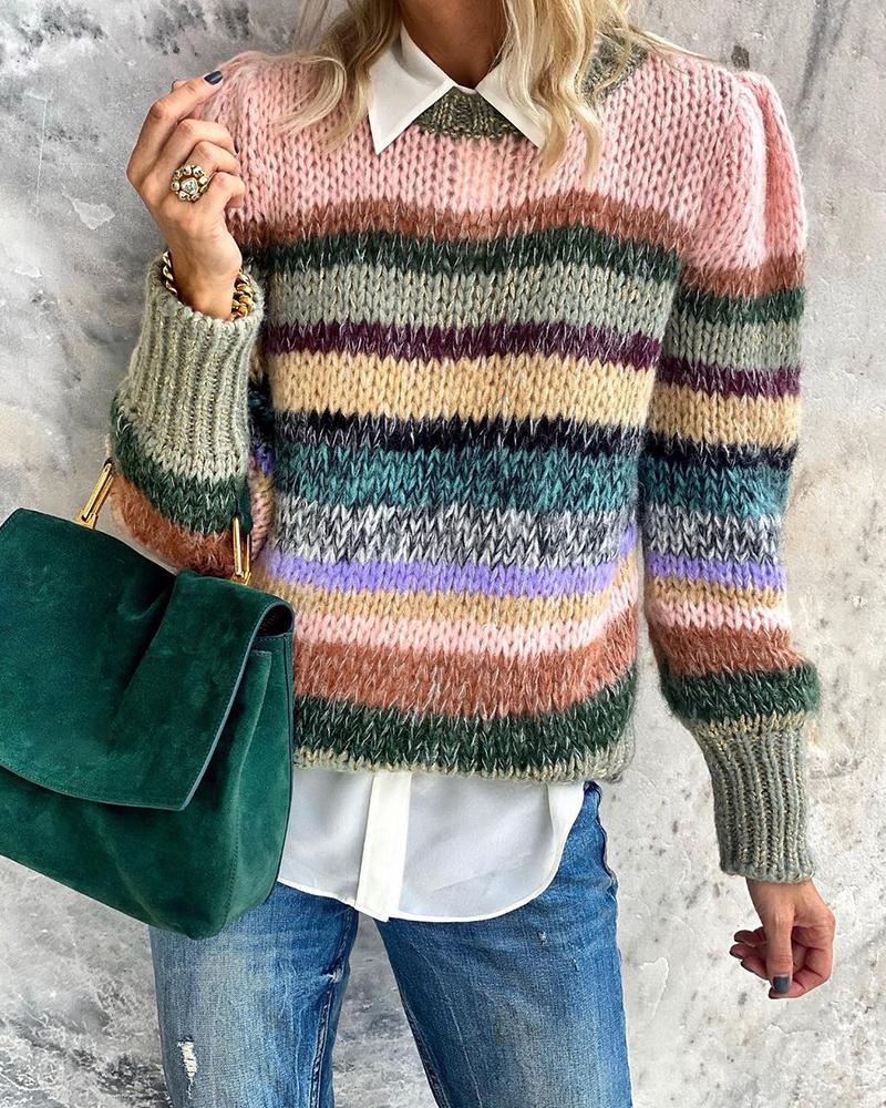 

Colorblock Puff Sleeve Knit Sweater, Multicolor