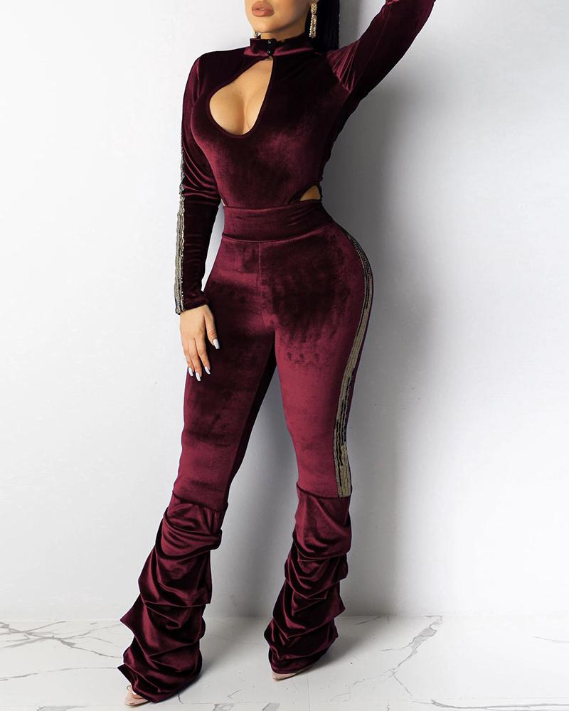 

Striped Cut Out Casual Jumpsuit, Wine red