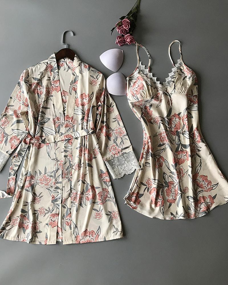 

Floral Print V-neck Lace Trim Cami Dress & Robe Set, Apricot