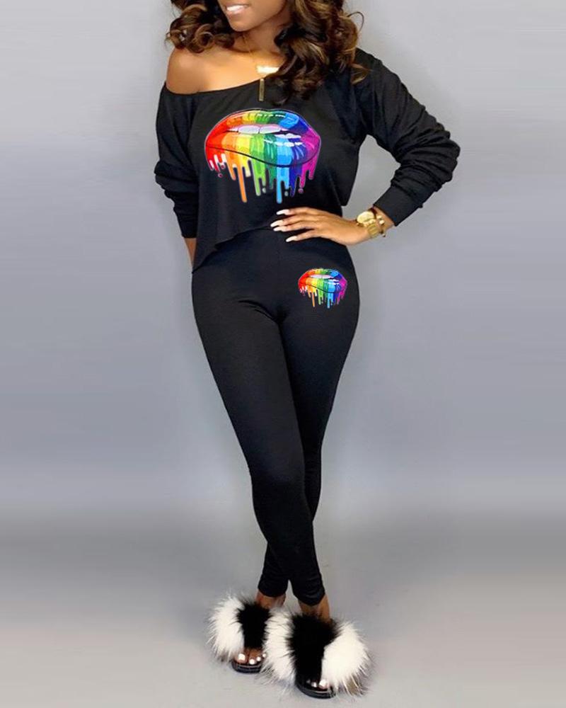 

Lips Print Long Sleeve Top & Pencil Pants Sets, Black