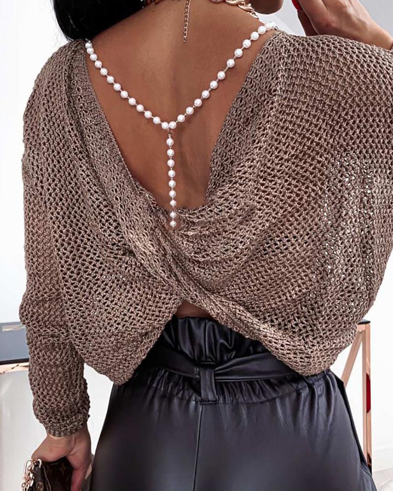 

Beaded Plain Hollow Out Backless Sweater, Khaki