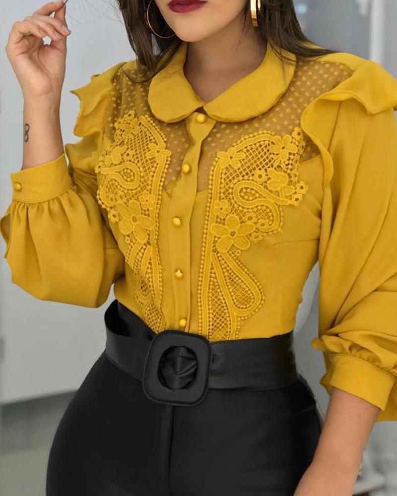 

Peter Pan Collar Mesh Lace Insert Blouse, Yellow