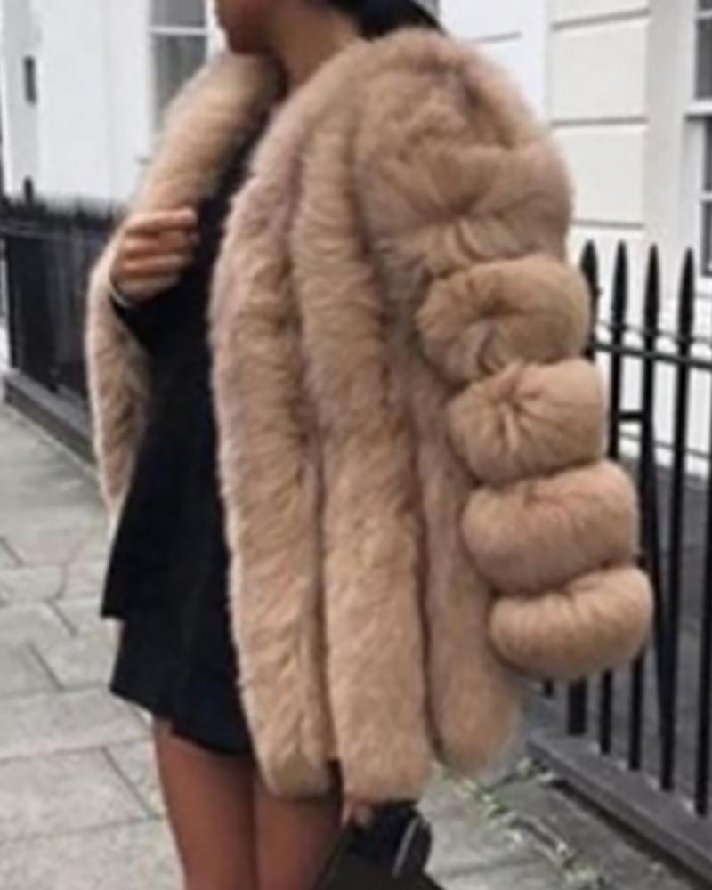 

Solid Faux Fur Longline Casual Coat, Khaki