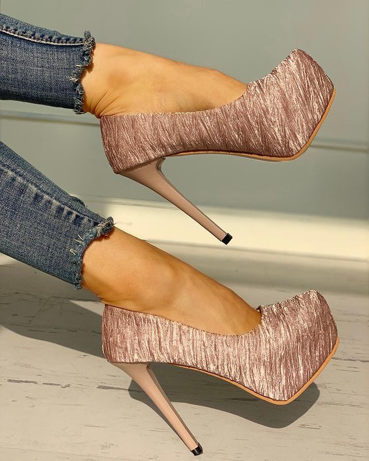 

Glitter Ruched Platform Thin Heels, Gold