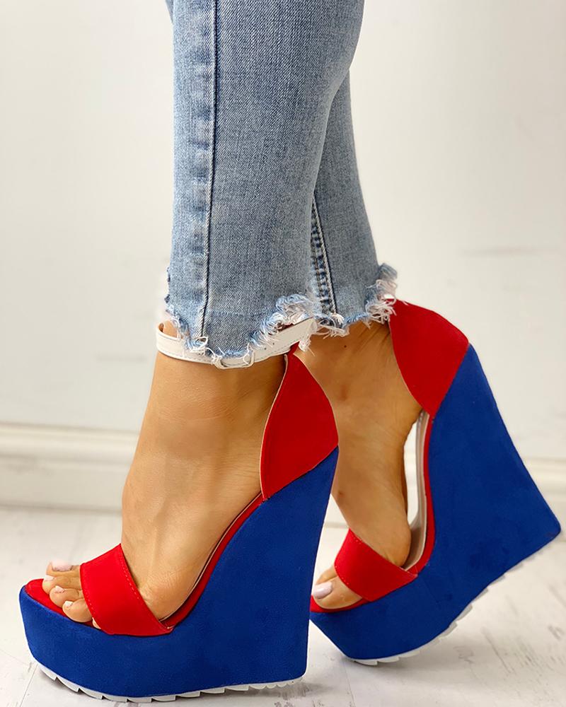 

Colorblock Ankle Buckled Platform Wedge Sandals, Red