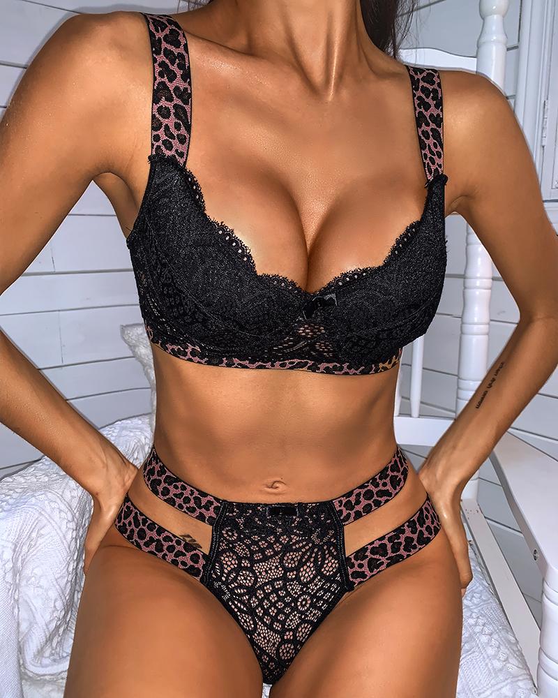 

Leopard Print Bra & Thong Set, Black