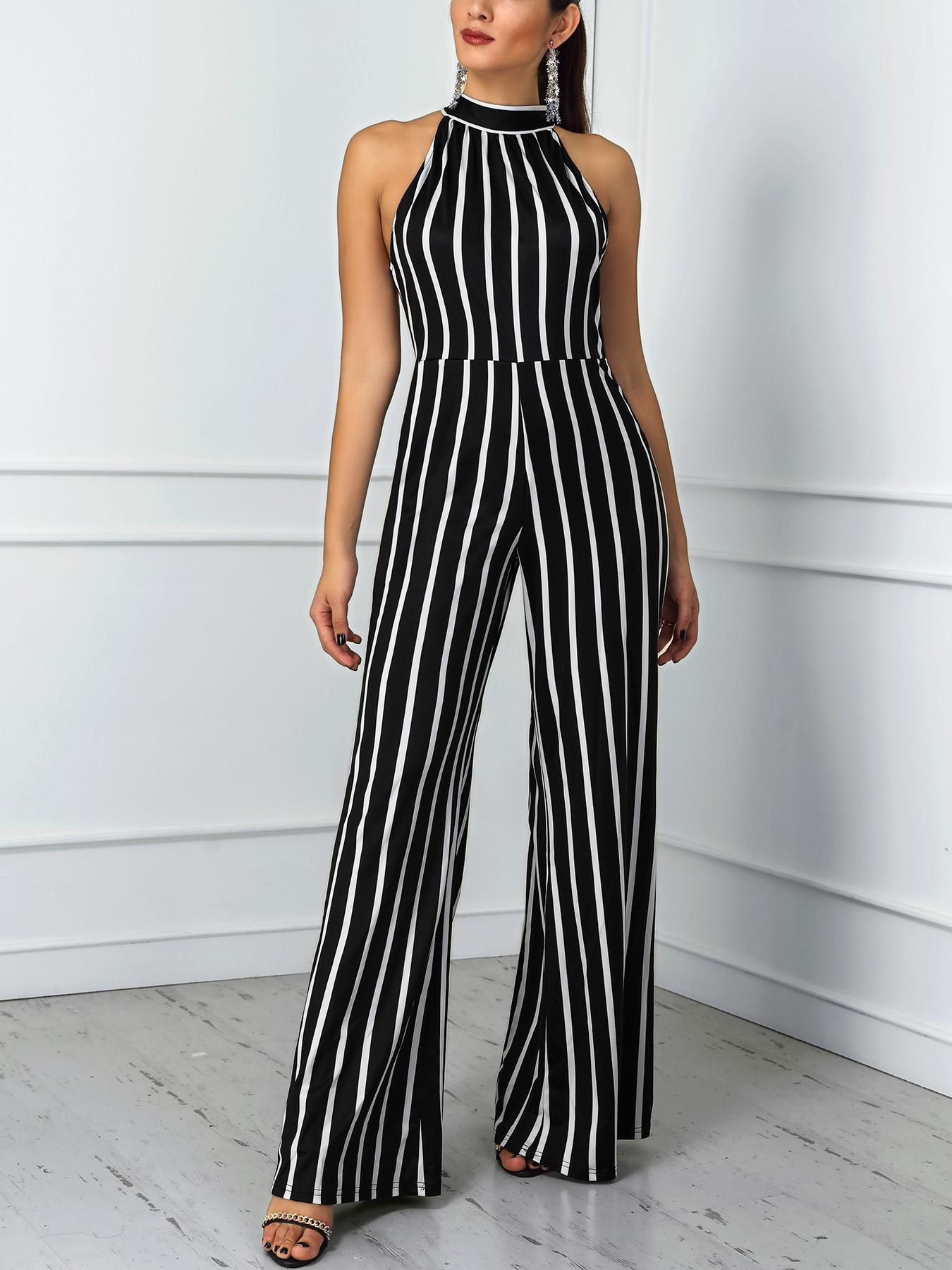 

Stripes Knot Back Wide Leg Jumpsuit, Black