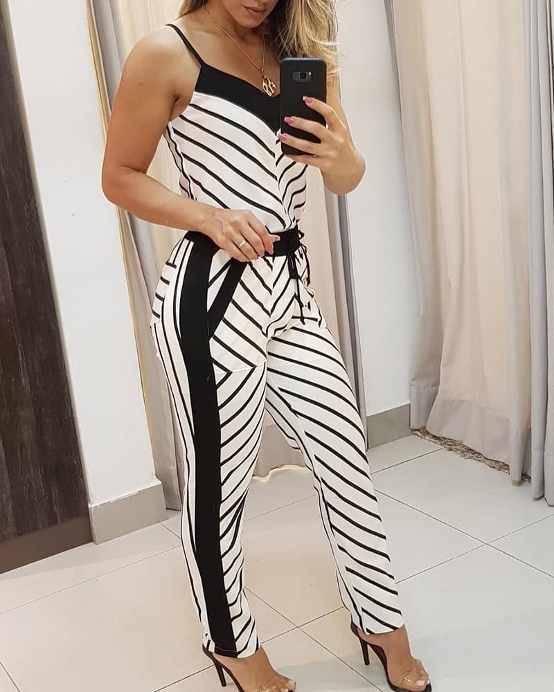 

Spaghetti Strap V-neck Striped Jumpsuit, White