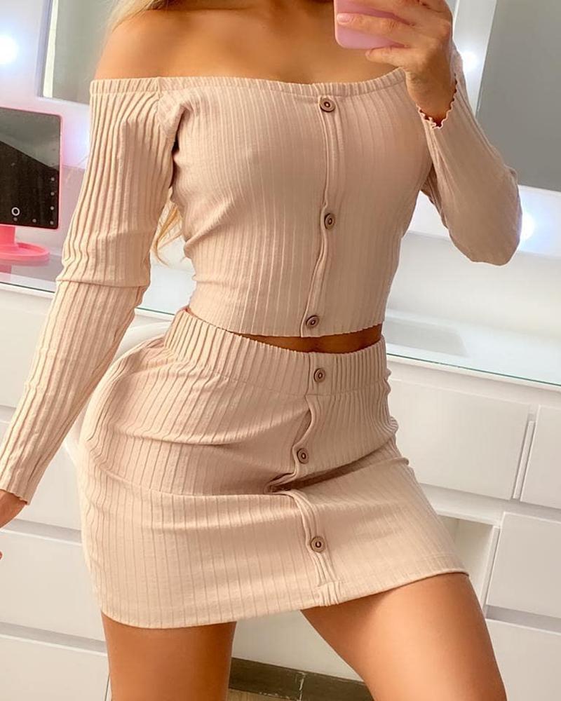 

Off Shoulder Button Design Crop Top & Bodycon Skirt Set, Khaki