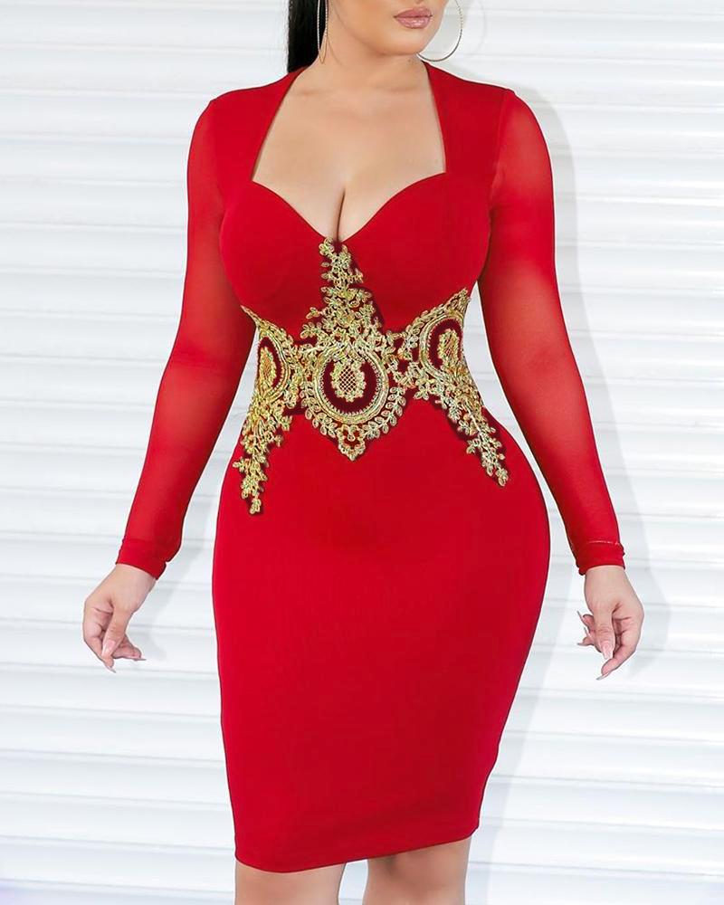 

Crochet Lace Insert Long Sleeve Bodycon Dress, Red