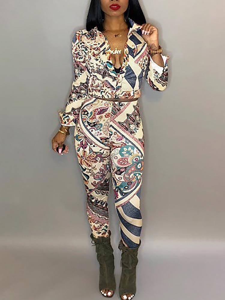

Retro Print Long Sleeve Shirt & Pants Set, Yellow