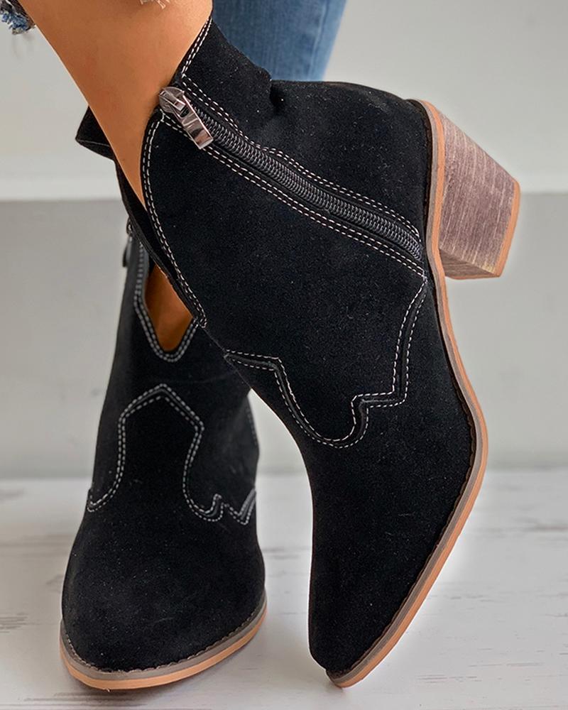 

Zipper Design Pointed Toe Chunky Boots, Black
