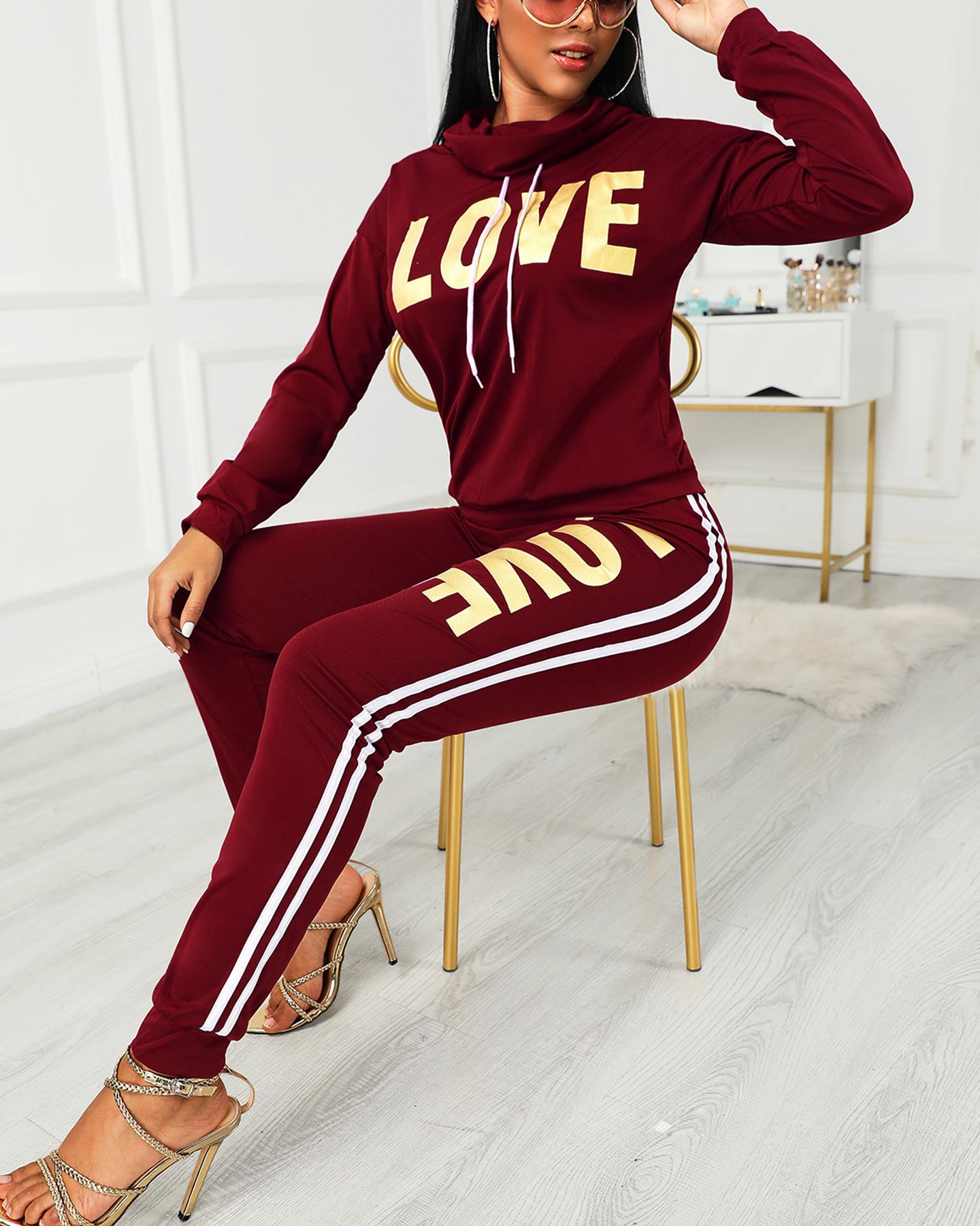 

Letter Print Heap Neck Top & Striped Tape Pants Set, Red