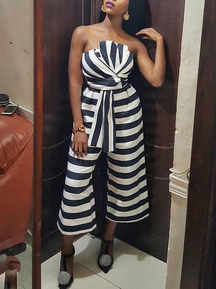 

Striped Strapless Knot Front Wide Leg Jumpsuit, Dark grey